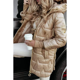 Abrigo acolchado largo con capucha para mujer, detalle