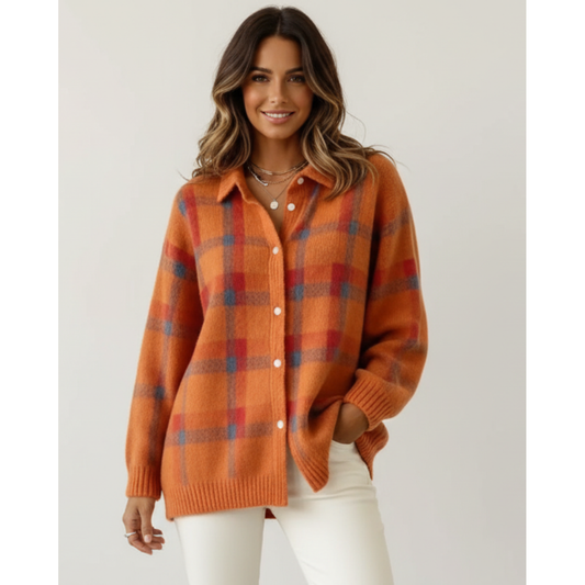 Cárdigan camisero de punto a cuadros para mujer en naranja