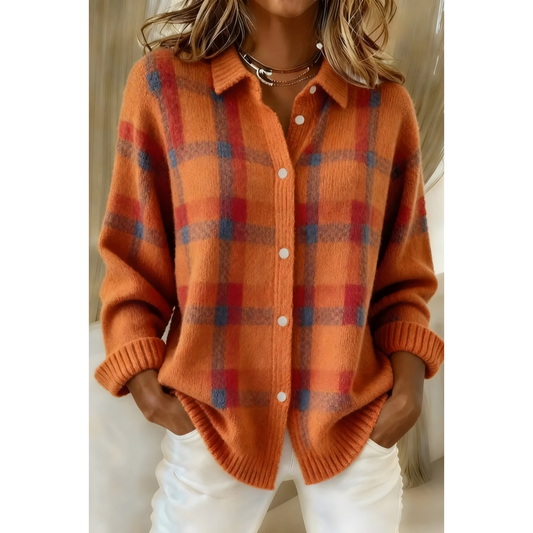 Cárdigan camisero de punto a cuadros para mujer en naranja