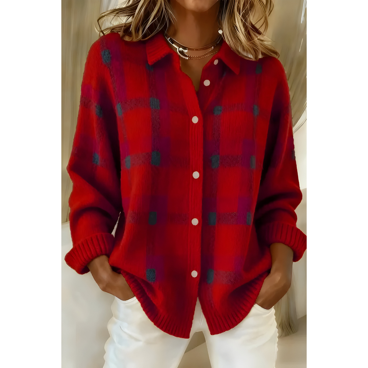 Cárdigan camisero de punto a cuadros para mujer en rojo