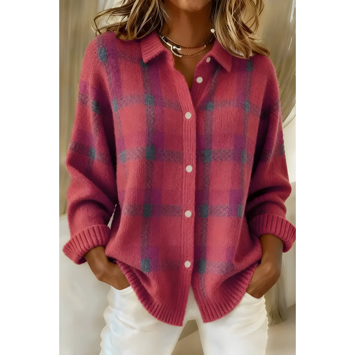 Cárdigan camisero de punto a cuadros para mujer en rosa