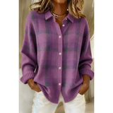 Cárdigan camisero de punto a cuadros para mujer en morado
