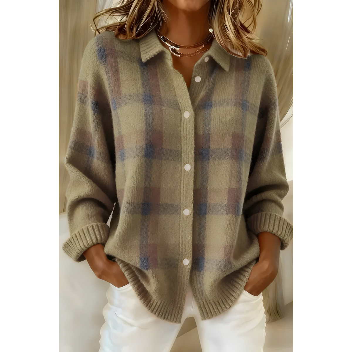 Cárdigan camisero de punto a cuadros para mujer en marrón
