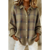 Cárdigan camisero de punto a cuadros para mujer en marrón