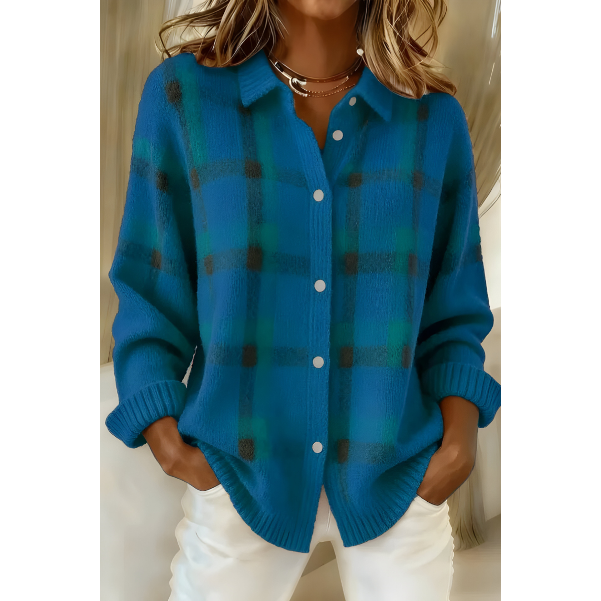 Cárdigan camisero de punto a cuadros para mujer en azul
