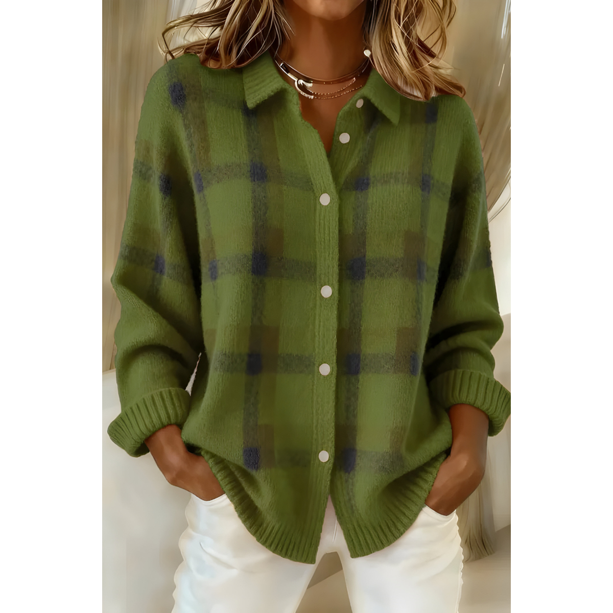 Cárdigan camisero de punto a cuadros para mujer en verde