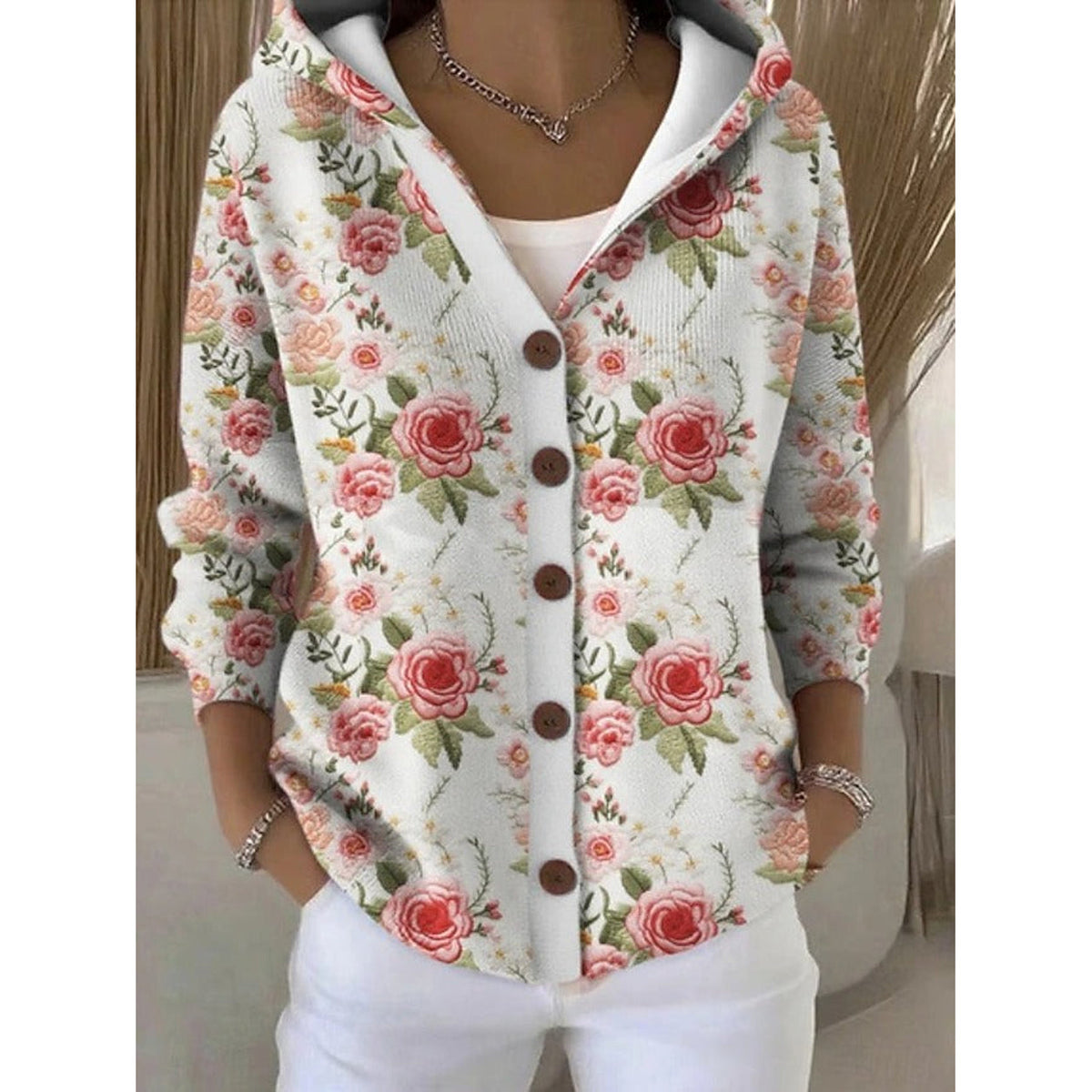 Cárdigan con capucha y botones para mujer en blanco roto