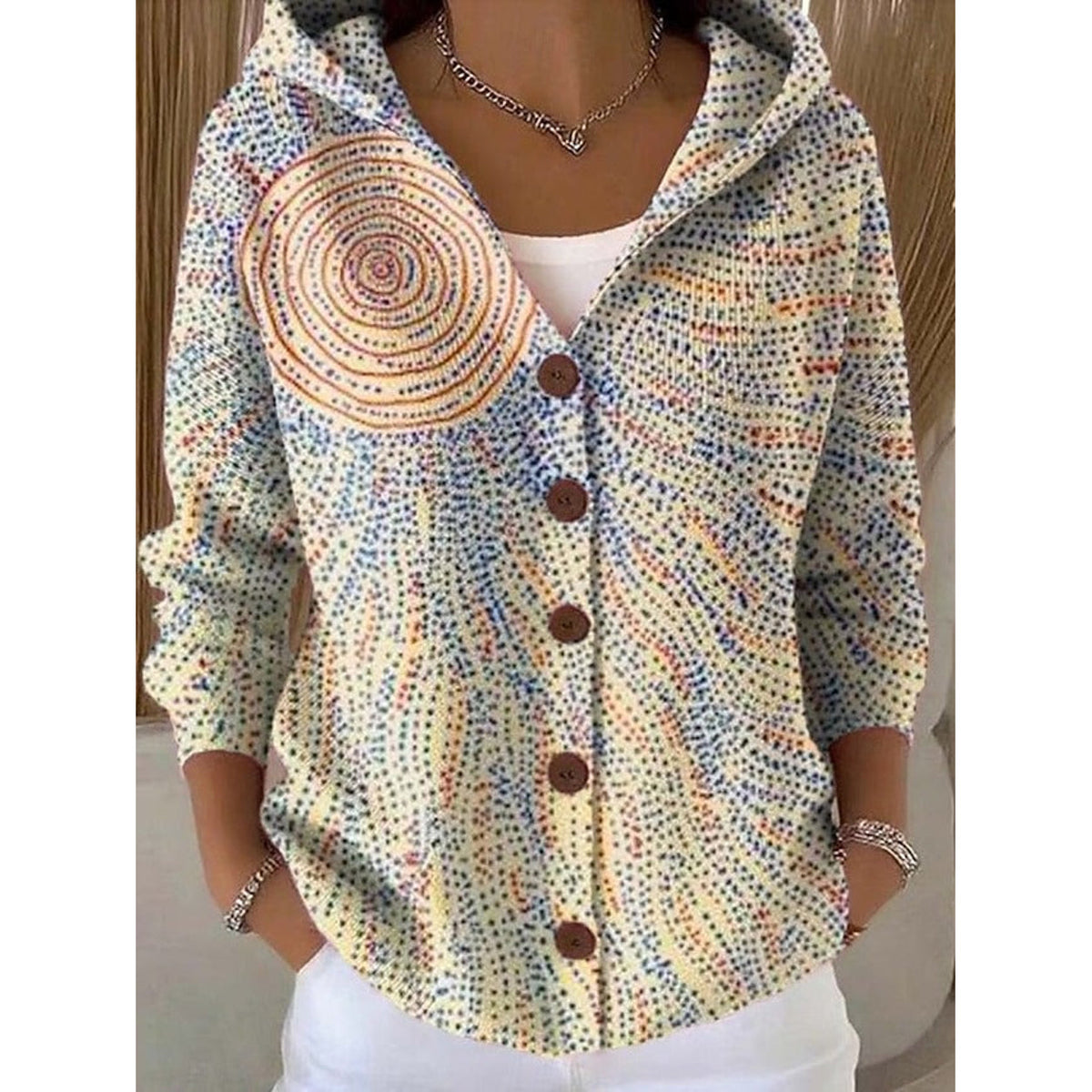 Cárdigan con capucha y botones para mujer en amarillo claro