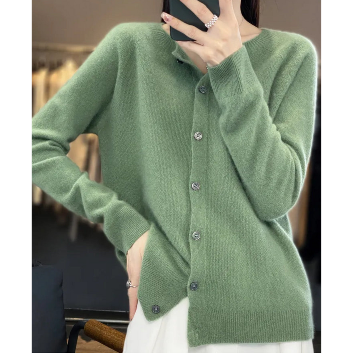 Cárdigan de punto fino con botones para mujer en verde claro