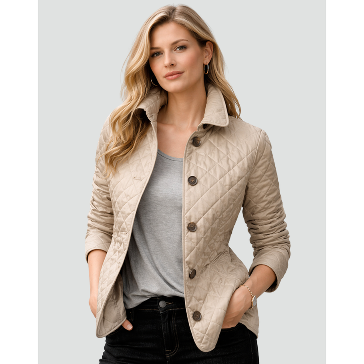 Chaqueta acolchada con botones para mujer en caqui