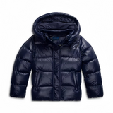 Chaqueta acolchada corta con capucha para mujer en azul marino