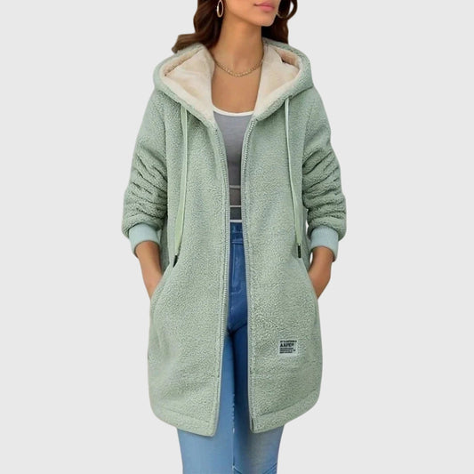 Chaqueta de borreguito con capucha para mujer en verde