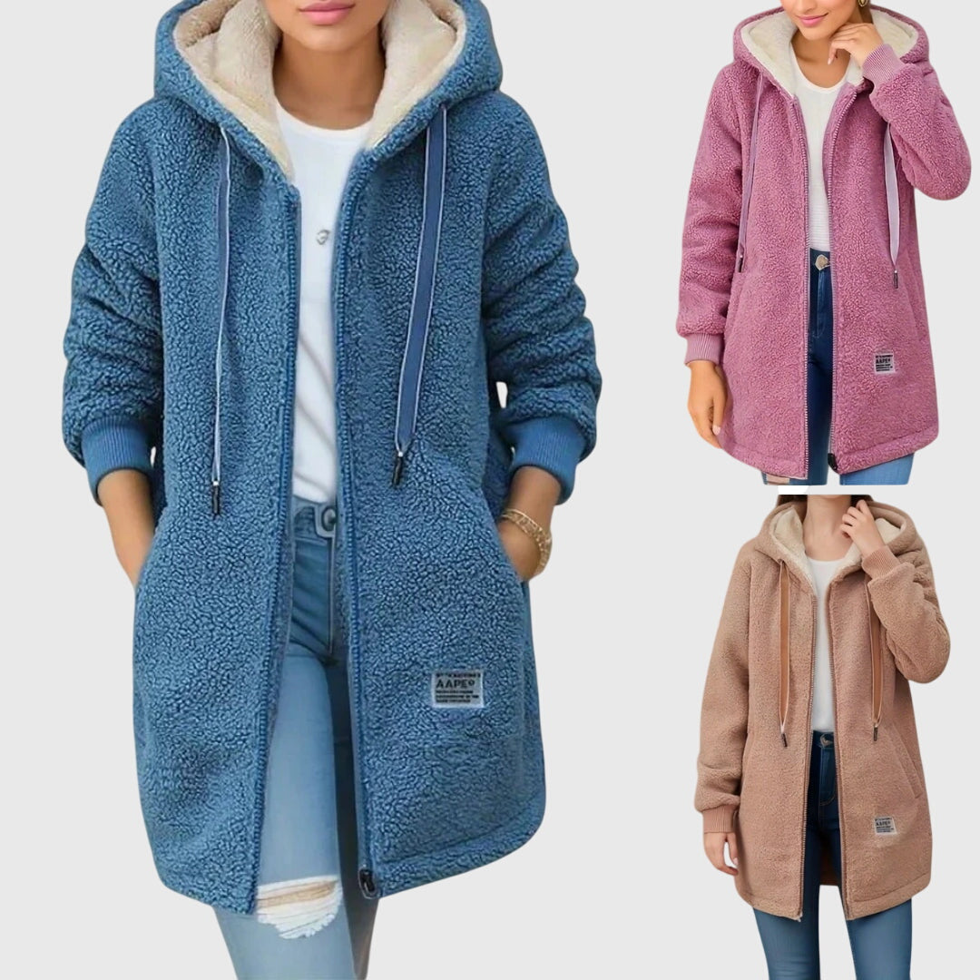 Chaqueta de borreguito con capucha para mujer, detalle