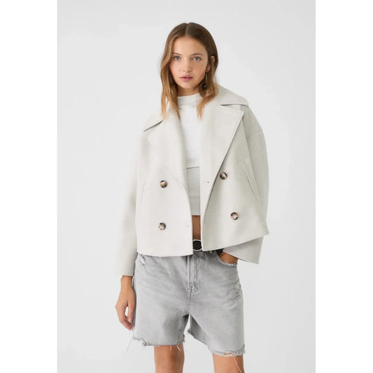 Chaqueta cruzada corta con solapas para mujer en beige