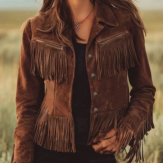 Chaqueta con flecos estilo western para mujer en marrón oscuro