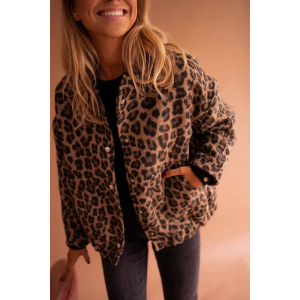 Chaqueta de leopardo con botones a presión para mujer