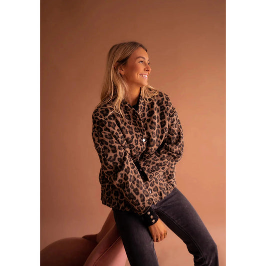 Chaqueta de leopardo con botones a presión para mujer
