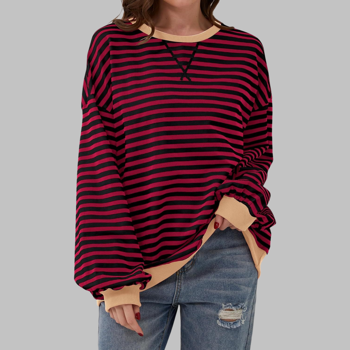 Sudadera oversize de rayas para mujer en burdeos