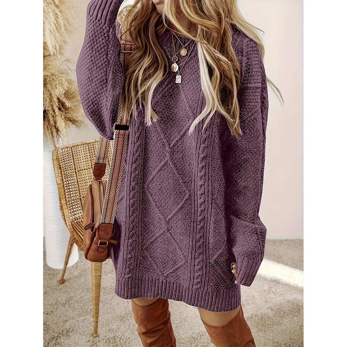 Vestido de punto trenzado para mujer, detalle de la textura